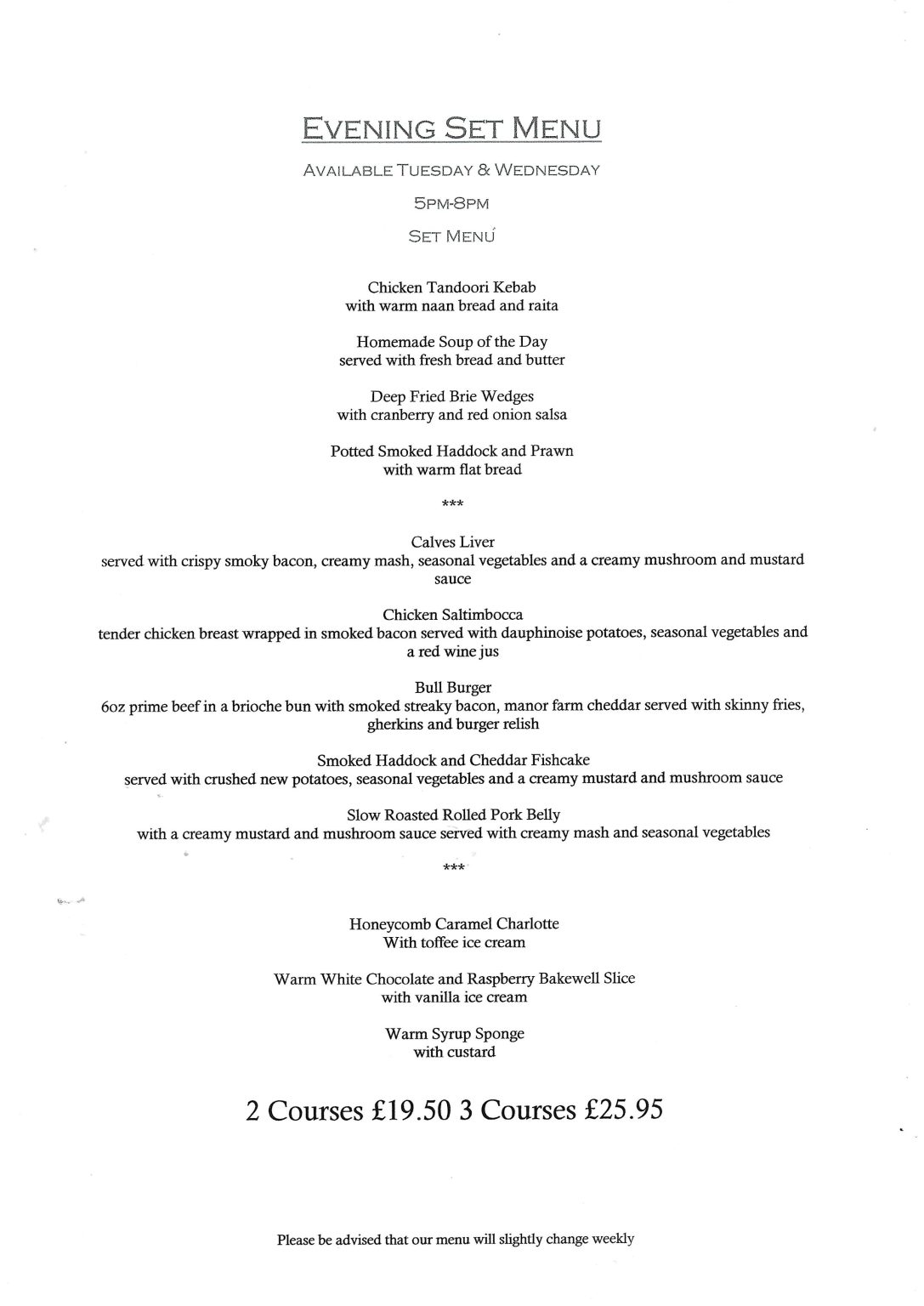 Tuesday & Wednesday Evening Set Menu – Bull Pub